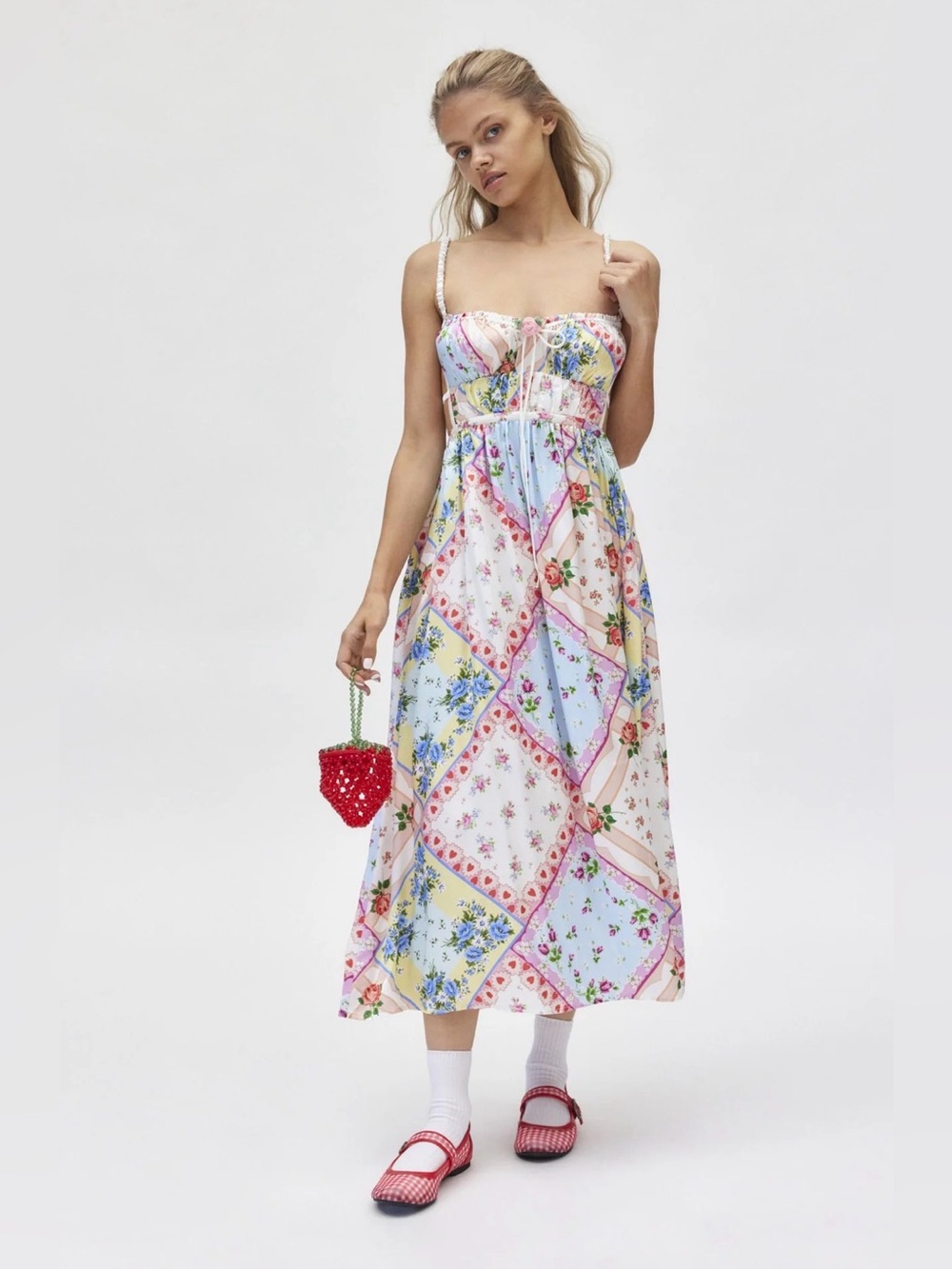 For Love & Lemons Cassandra Patchwork Pastel Floral Midi Dress Size Small